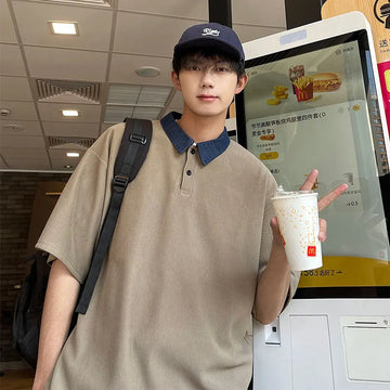 Wiaofellas  -  Men Summer Fashion Short-sleeved Polo Shirt Men's Streetwear Oversized Loose T-shirt Male Solid Color Casual Tops Tees G03